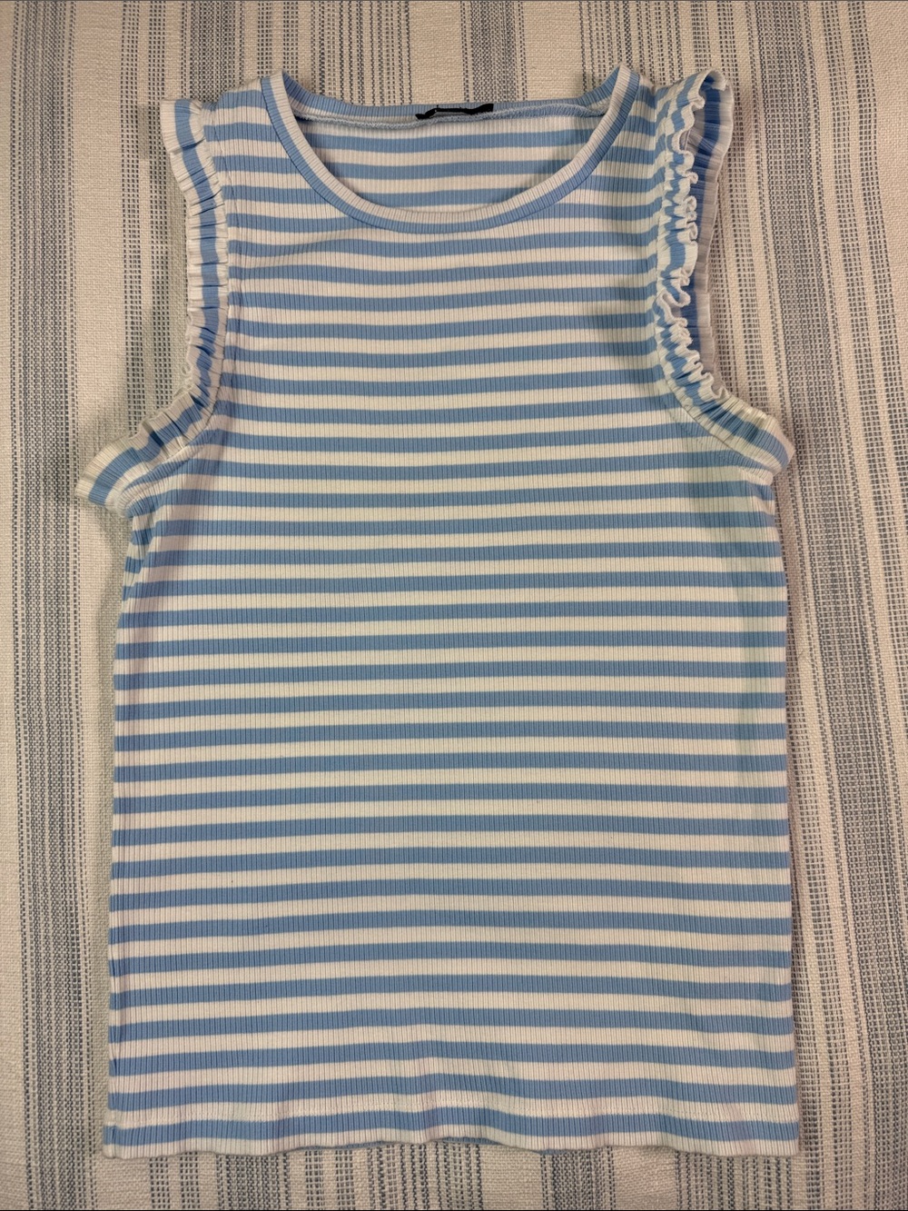 J.Crew Blue & White Striped Ribbed Ruffle Tank Top Size Small - Picture 2 of 8